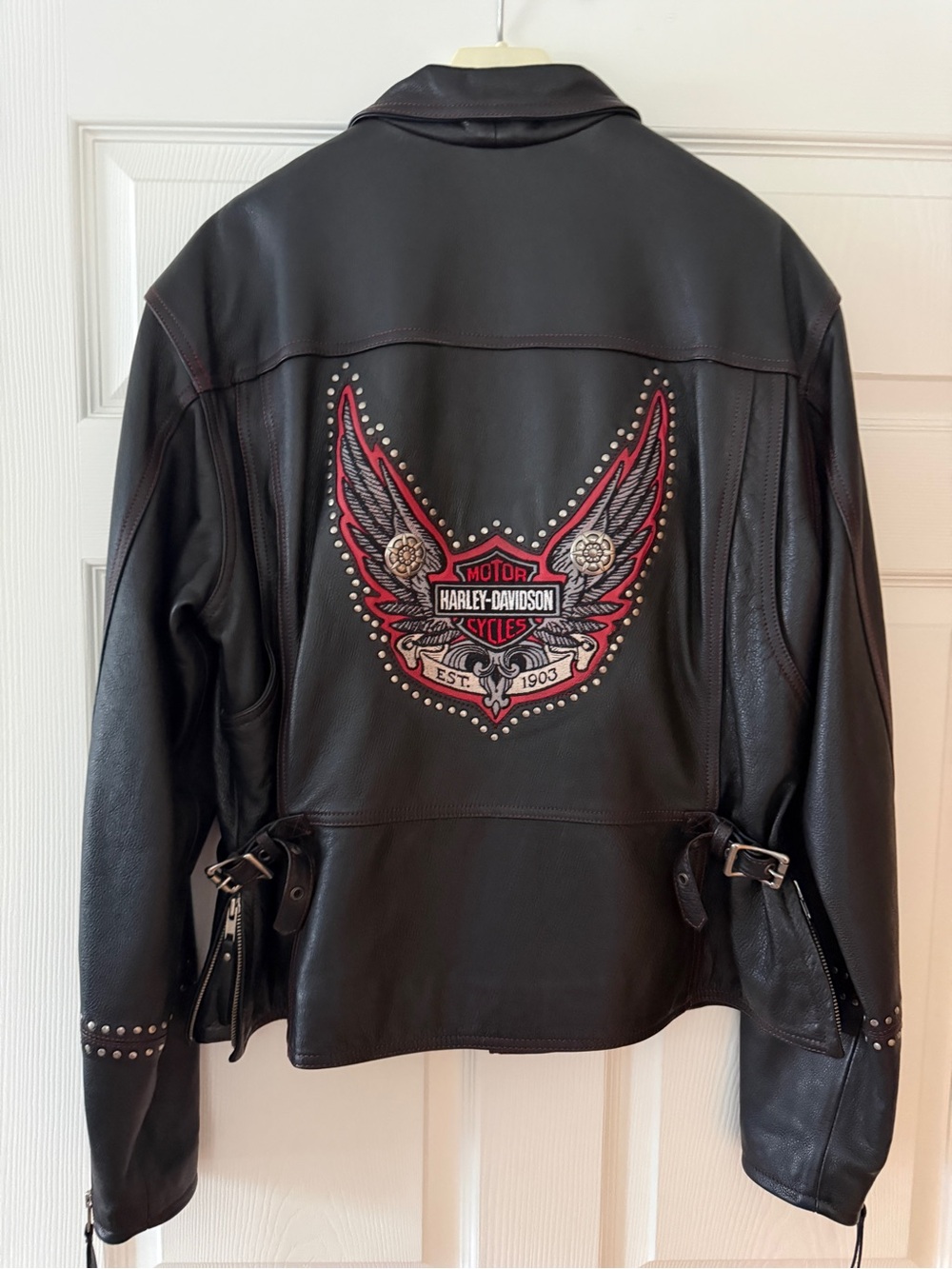 Harley-Davidson Black Leather Jacket with Red Trim and Studs - Picture 2 of 2